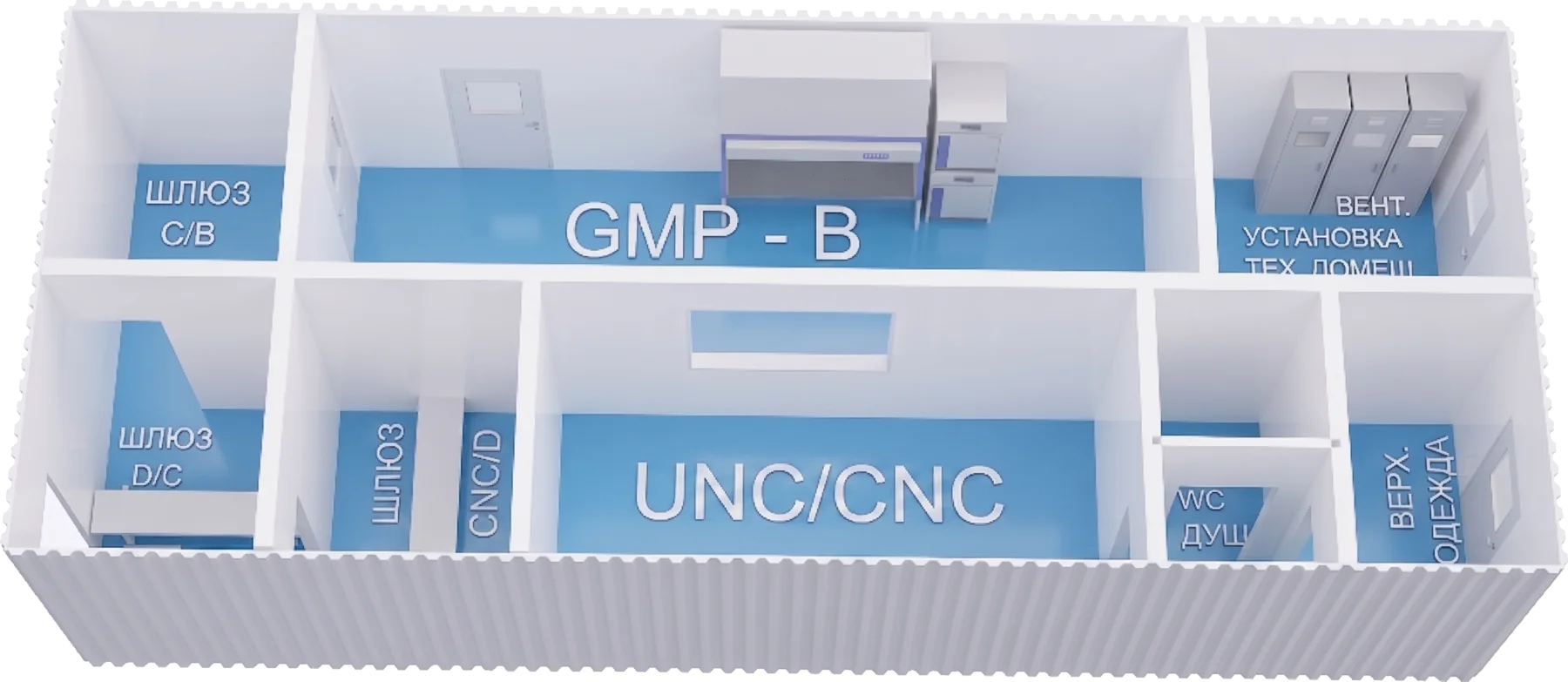 3D-рендер модуля с подписями зон: ШЛЮЗ С/В, GMP-B, ШЛЮЗ D/C, UNC/CNC, ВЕНТ. УСТАНОВКА, ТЕХ. ПОМЕЩЕНИЕ, WC/ДУШ, ВЕРХ. ОДЕЖДА